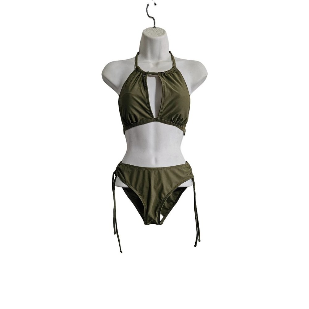New Womans Bikini 2 pc drawstring bottom halter‎ Size Small Olive Green